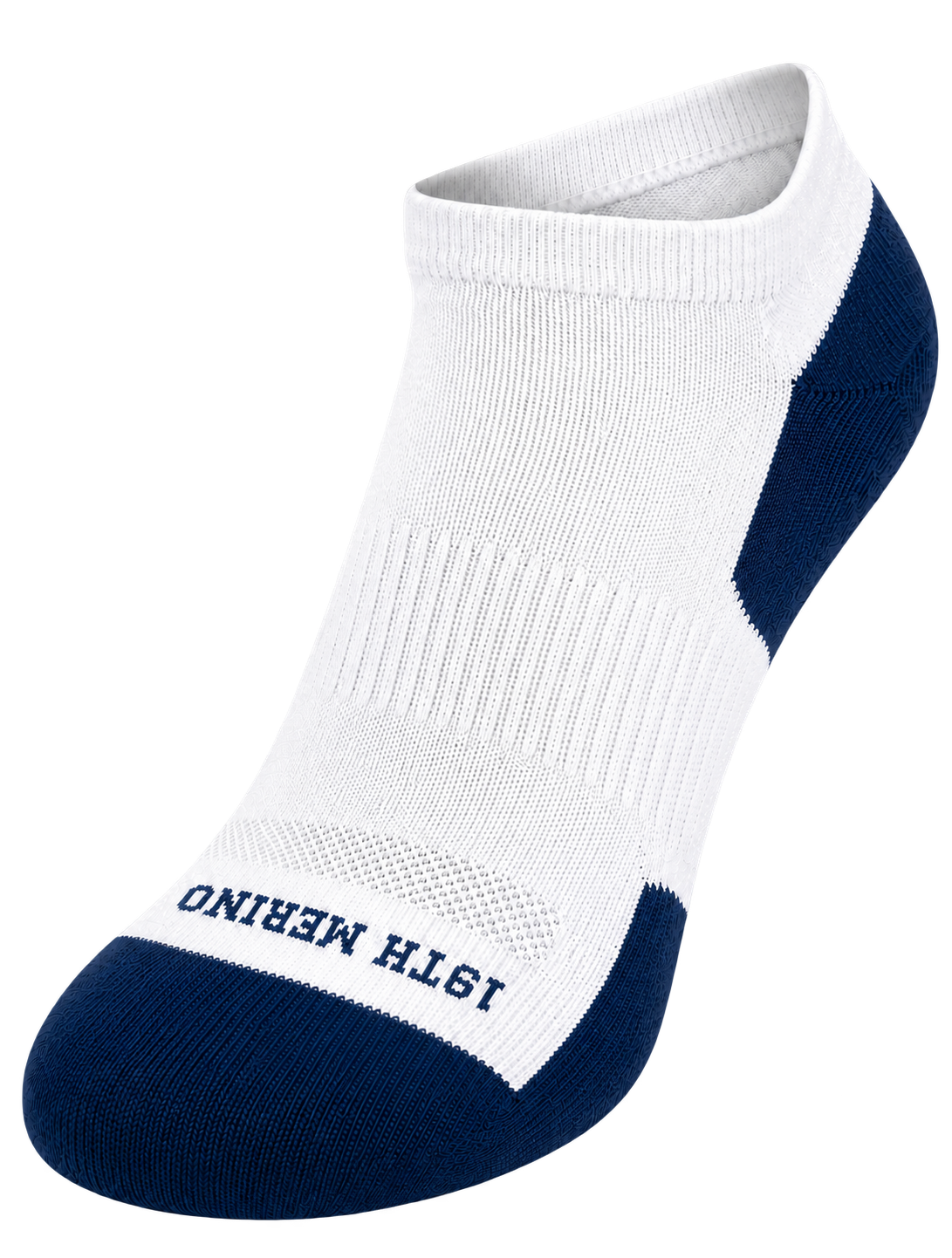 19th Merino Stinger low-show merino golf sock in white and navy